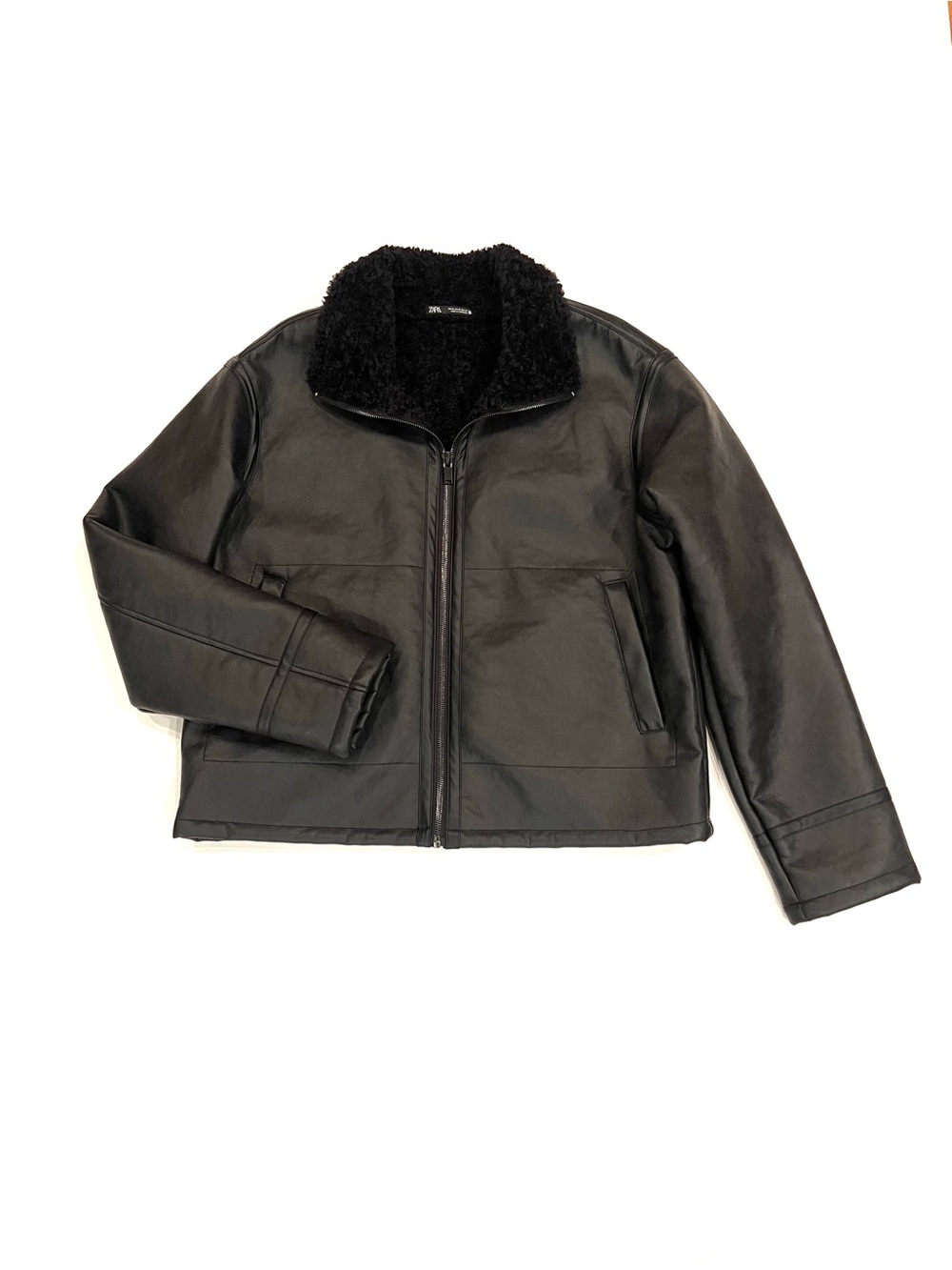 Zara Mens Black Faux Leather Flight Bomber Jacket Faux Fur Collar Lining XL EUC